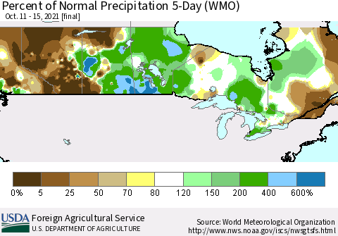 Canada Percent of Normal Precipitation 5-Day (WMO) Thematic Map For 10/11/2021 - 10/15/2021