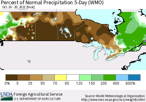 Canada Percent of Normal Precipitation 5-Day (WMO) Thematic Map For 10/16/2021 - 10/20/2021