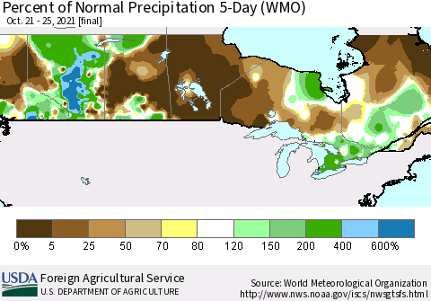 Canada Percent of Normal Precipitation 5-Day (WMO) Thematic Map For 10/21/2021 - 10/25/2021