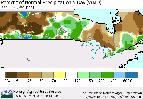 Canada Percent of Normal Precipitation 5-Day (WMO) Thematic Map For 10/26/2021 - 10/31/2021