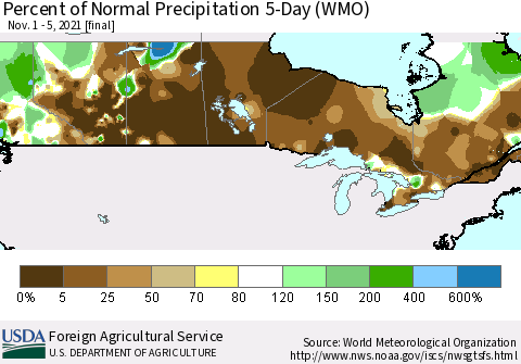 Canada Percent of Normal Precipitation 5-Day (WMO) Thematic Map For 11/1/2021 - 11/5/2021