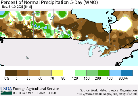 Canada Percent of Normal Precipitation 5-Day (WMO) Thematic Map For 11/6/2021 - 11/10/2021