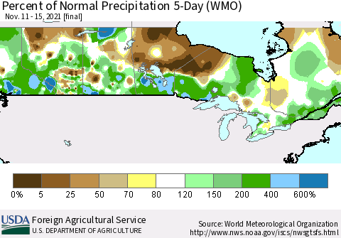 Canada Percent of Normal Precipitation 5-Day (WMO) Thematic Map For 11/11/2021 - 11/15/2021