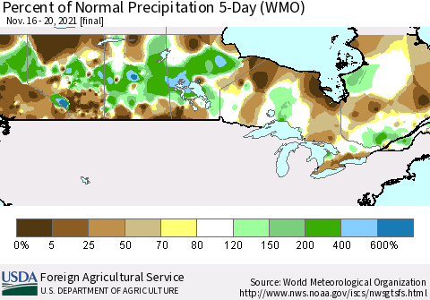 Canada Percent of Normal Precipitation 5-Day (WMO) Thematic Map For 11/16/2021 - 11/20/2021