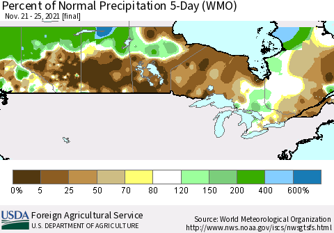 Canada Percent of Normal Precipitation 5-Day (WMO) Thematic Map For 11/21/2021 - 11/25/2021