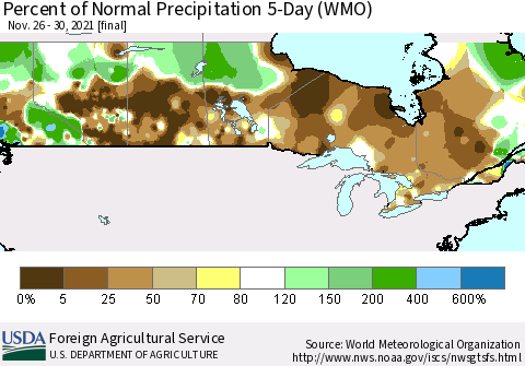 Canada Percent of Normal Precipitation 5-Day (WMO) Thematic Map For 11/26/2021 - 11/30/2021
