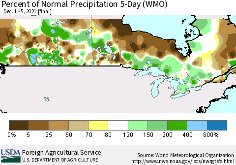 Canada Percent of Normal Precipitation 5-Day (WMO) Thematic Map For 12/1/2021 - 12/5/2021