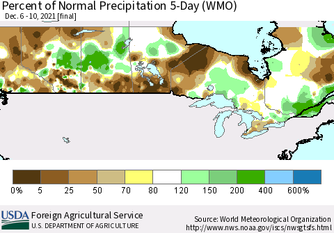 Canada Percent of Normal Precipitation 5-Day (WMO) Thematic Map For 12/6/2021 - 12/10/2021
