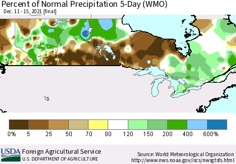 Canada Percent of Normal Precipitation 5-Day (WMO) Thematic Map For 12/11/2021 - 12/15/2021