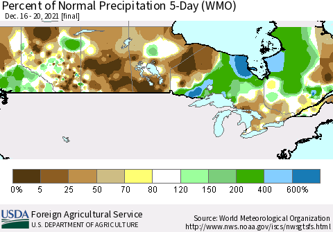Canada Percent of Normal Precipitation 5-Day (WMO) Thematic Map For 12/16/2021 - 12/20/2021