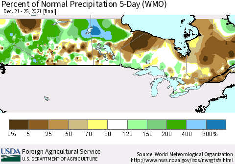 Canada Percent of Normal Precipitation 5-Day (WMO) Thematic Map For 12/21/2021 - 12/25/2021