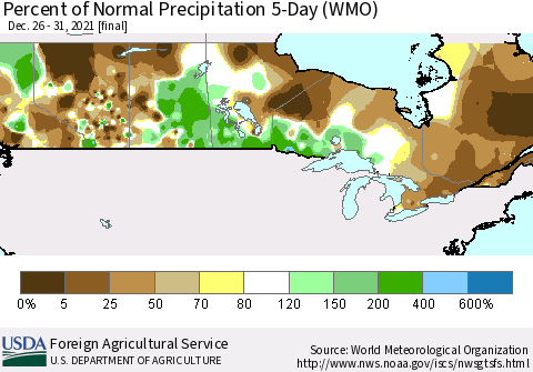 Canada Percent of Normal Precipitation 5-Day (WMO) Thematic Map For 12/26/2021 - 12/31/2021