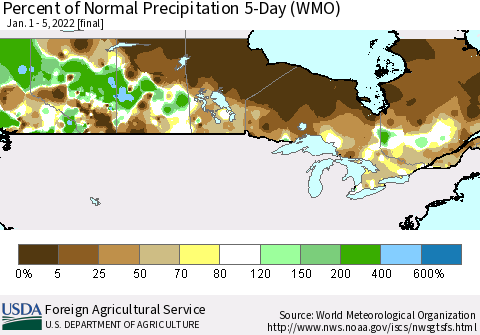 Canada Percent of Normal Precipitation 5-Day (WMO) Thematic Map For 1/1/2022 - 1/5/2022