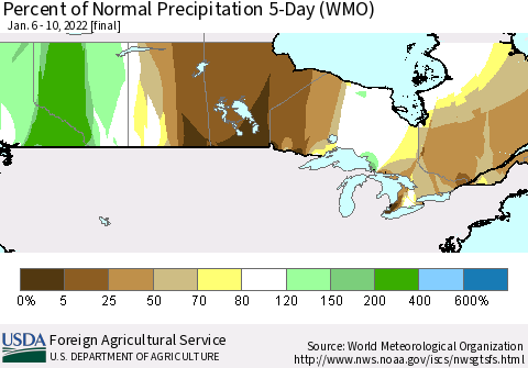 Canada Percent of Normal Precipitation 5-Day (WMO) Thematic Map For 1/6/2022 - 1/10/2022