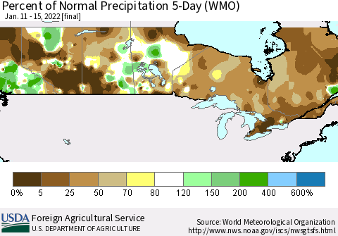 Canada Percent of Normal Precipitation 5-Day (WMO) Thematic Map For 1/11/2022 - 1/15/2022