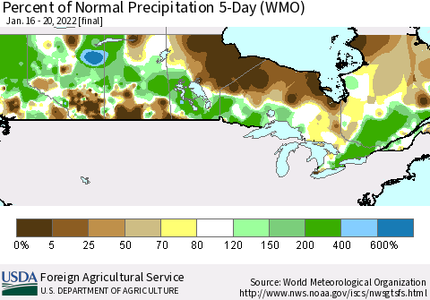Canada Percent of Normal Precipitation 5-Day (WMO) Thematic Map For 1/16/2022 - 1/20/2022