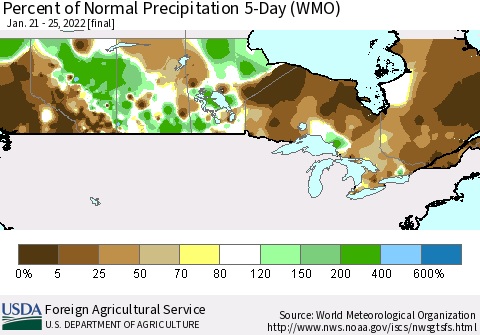 Canada Percent of Normal Precipitation 5-Day (WMO) Thematic Map For 1/21/2022 - 1/25/2022