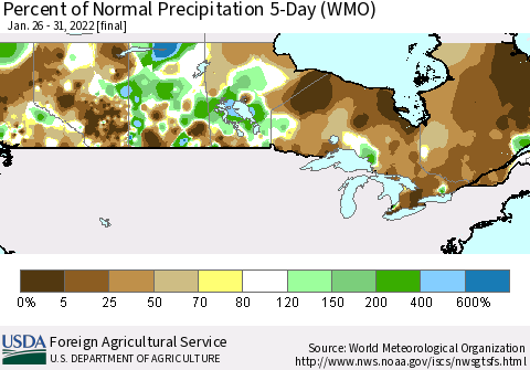 Canada Percent of Normal Precipitation 5-Day (WMO) Thematic Map For 1/26/2022 - 1/31/2022