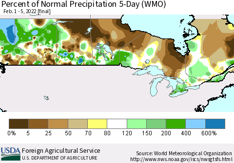 Canada Percent of Normal Precipitation 5-Day (WMO) Thematic Map For 2/1/2022 - 2/5/2022