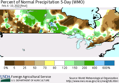 Canada Percent of Normal Precipitation 5-Day (WMO) Thematic Map For 2/6/2022 - 2/10/2022