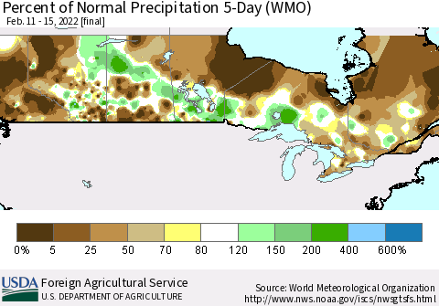 Canada Percent of Normal Precipitation 5-Day (WMO) Thematic Map For 2/11/2022 - 2/15/2022