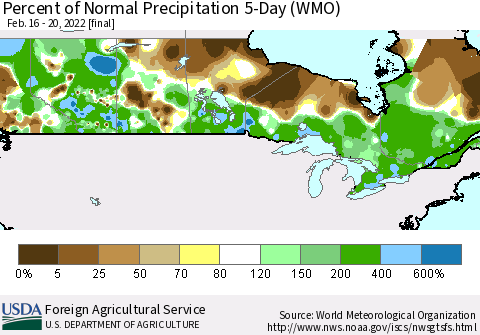 Canada Percent of Normal Precipitation 5-Day (WMO) Thematic Map For 2/16/2022 - 2/20/2022