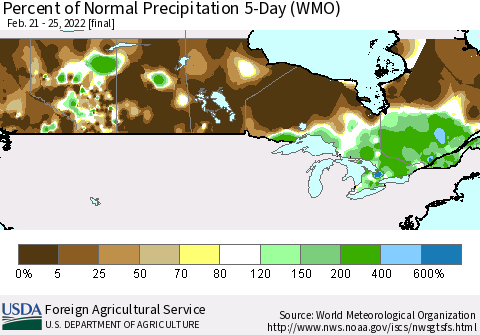 Canada Percent of Normal Precipitation 5-Day (WMO) Thematic Map For 2/21/2022 - 2/25/2022