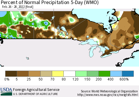 Canada Percent of Normal Precipitation 5-Day (WMO) Thematic Map For 2/26/2022 - 2/28/2022