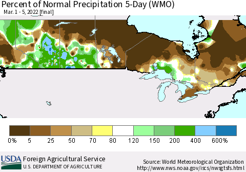 Canada Percent of Normal Precipitation 5-Day (WMO) Thematic Map For 3/1/2022 - 3/5/2022
