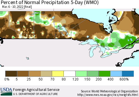 Canada Percent of Normal Precipitation 5-Day (WMO) Thematic Map For 3/6/2022 - 3/10/2022
