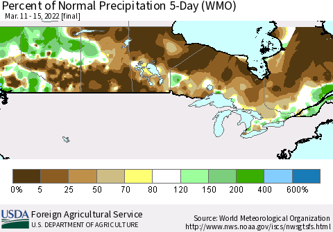 Canada Percent of Normal Precipitation 5-Day (WMO) Thematic Map For 3/11/2022 - 3/15/2022