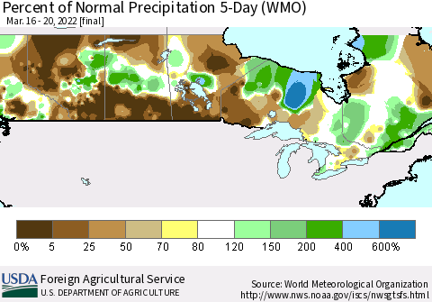 Canada Percent of Normal Precipitation 5-Day (WMO) Thematic Map For 3/16/2022 - 3/20/2022