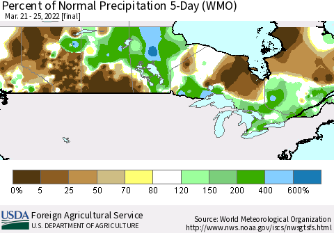 Canada Percent of Normal Precipitation 5-Day (WMO) Thematic Map For 3/21/2022 - 3/25/2022