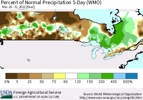 Canada Percent of Normal Precipitation 5-Day (WMO) Thematic Map For 3/26/2022 - 3/31/2022
