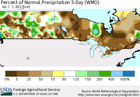 Canada Percent of Normal Precipitation 5-Day (WMO) Thematic Map For 4/1/2022 - 4/5/2022