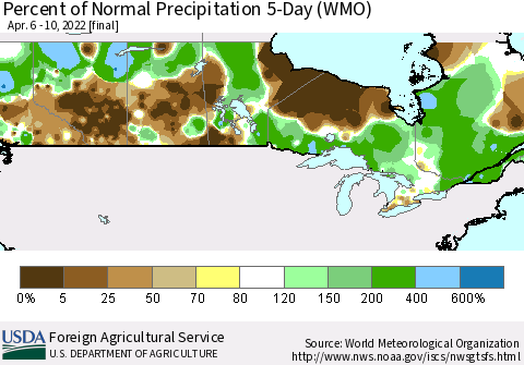 Canada Percent of Normal Precipitation 5-Day (WMO) Thematic Map For 4/6/2022 - 4/10/2022
