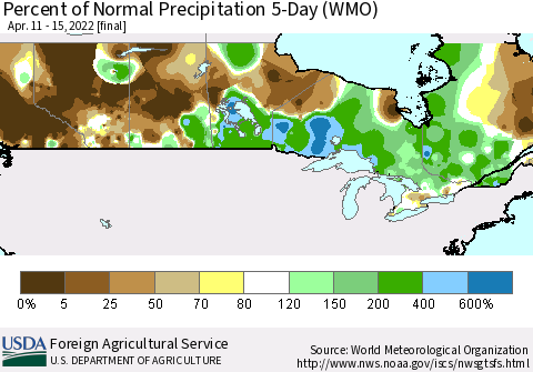 Canada Percent of Normal Precipitation 5-Day (WMO) Thematic Map For 4/11/2022 - 4/15/2022