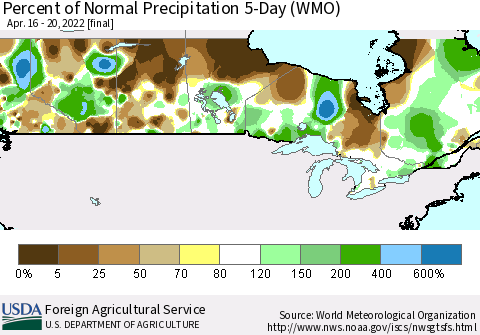 Canada Percent of Normal Precipitation 5-Day (WMO) Thematic Map For 4/16/2022 - 4/20/2022