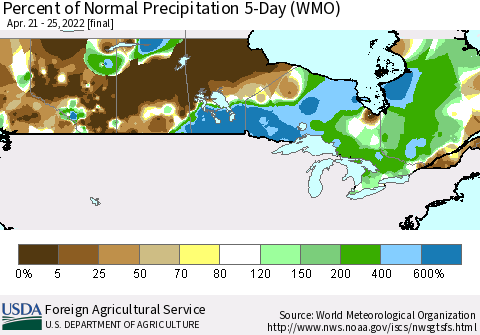 Canada Percent of Normal Precipitation 5-Day (WMO) Thematic Map For 4/21/2022 - 4/25/2022