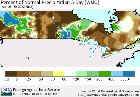 Canada Percent of Normal Precipitation 5-Day (WMO) Thematic Map For 4/26/2022 - 4/30/2022