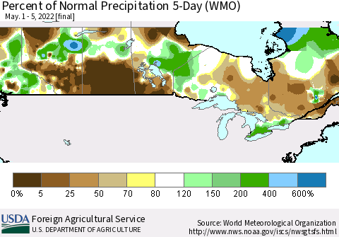 Canada Percent of Normal Precipitation 5-Day (WMO) Thematic Map For 5/1/2022 - 5/5/2022
