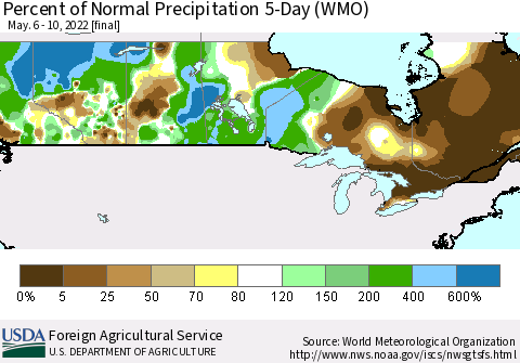 Canada Percent of Normal Precipitation 5-Day (WMO) Thematic Map For 5/6/2022 - 5/10/2022