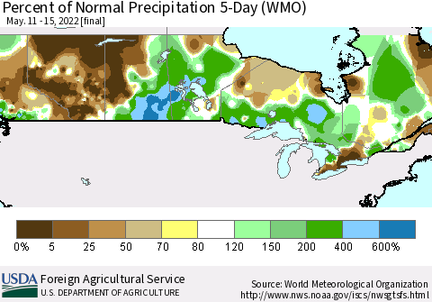 Canada Percent of Normal Precipitation 5-Day (WMO) Thematic Map For 5/11/2022 - 5/15/2022