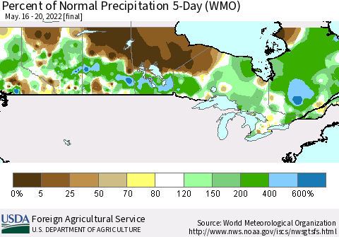 Canada Percent of Normal Precipitation 5-Day (WMO) Thematic Map For 5/16/2022 - 5/20/2022
