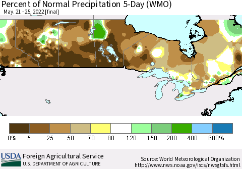 Canada Percent of Normal Precipitation 5-Day (WMO) Thematic Map For 5/21/2022 - 5/25/2022