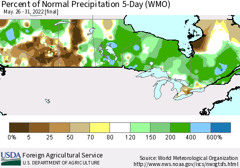 Canada Percent of Normal Precipitation 5-Day (WMO) Thematic Map For 5/26/2022 - 5/31/2022