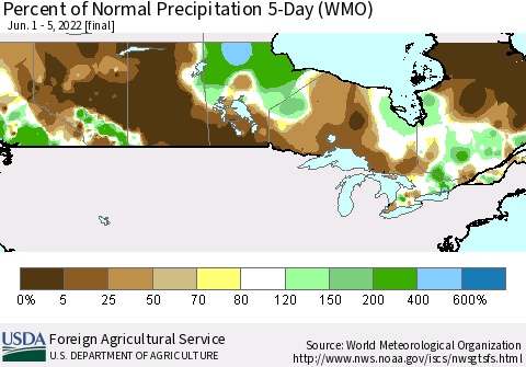 Canada Percent of Normal Precipitation 5-Day (WMO) Thematic Map For 6/1/2022 - 6/5/2022