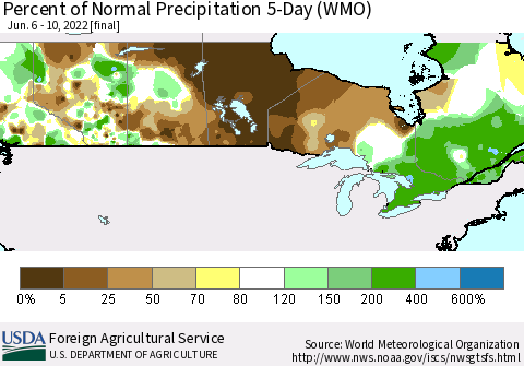 Canada Percent of Normal Precipitation 5-Day (WMO) Thematic Map For 6/6/2022 - 6/10/2022