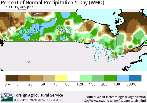 Canada Percent of Normal Precipitation 5-Day (WMO) Thematic Map For 6/11/2022 - 6/15/2022