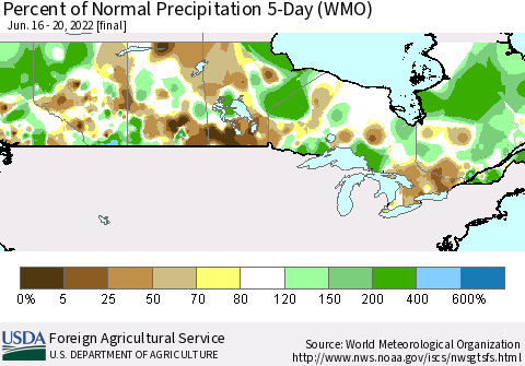 Canada Percent of Normal Precipitation 5-Day (WMO) Thematic Map For 6/16/2022 - 6/20/2022